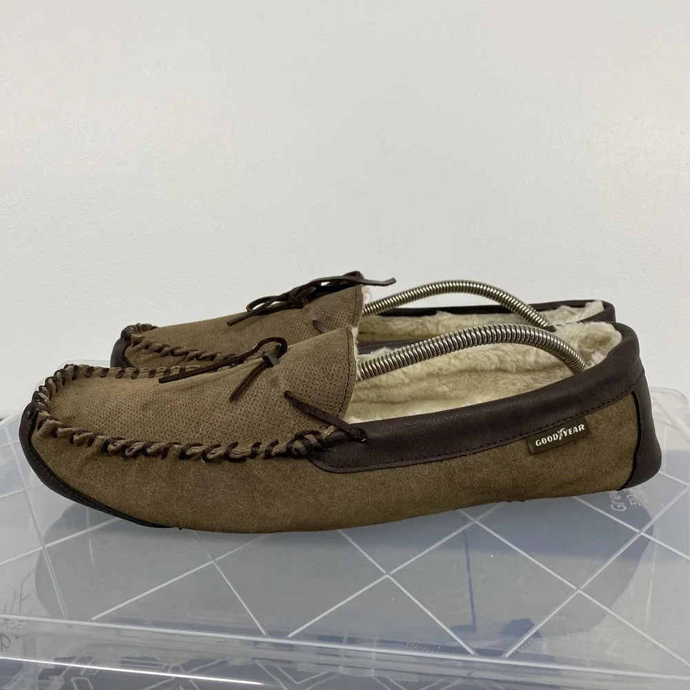 Goodyear‎ Slippers Shoes Mens Size 10 Brown Suede Moccasin Faux Fur Lined Indoor